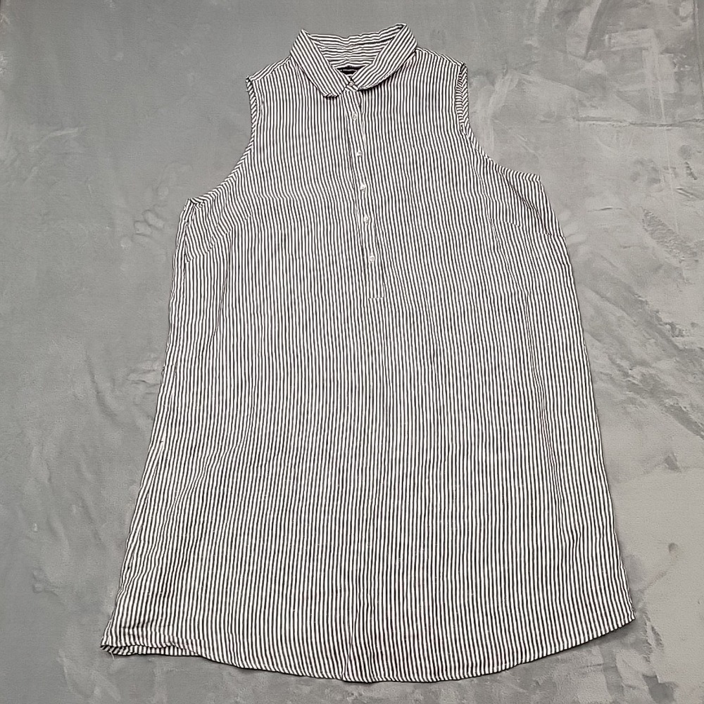 Tahari Shirt Womens 1X White Black Striped Sleeveless Linen Button Down Blouse